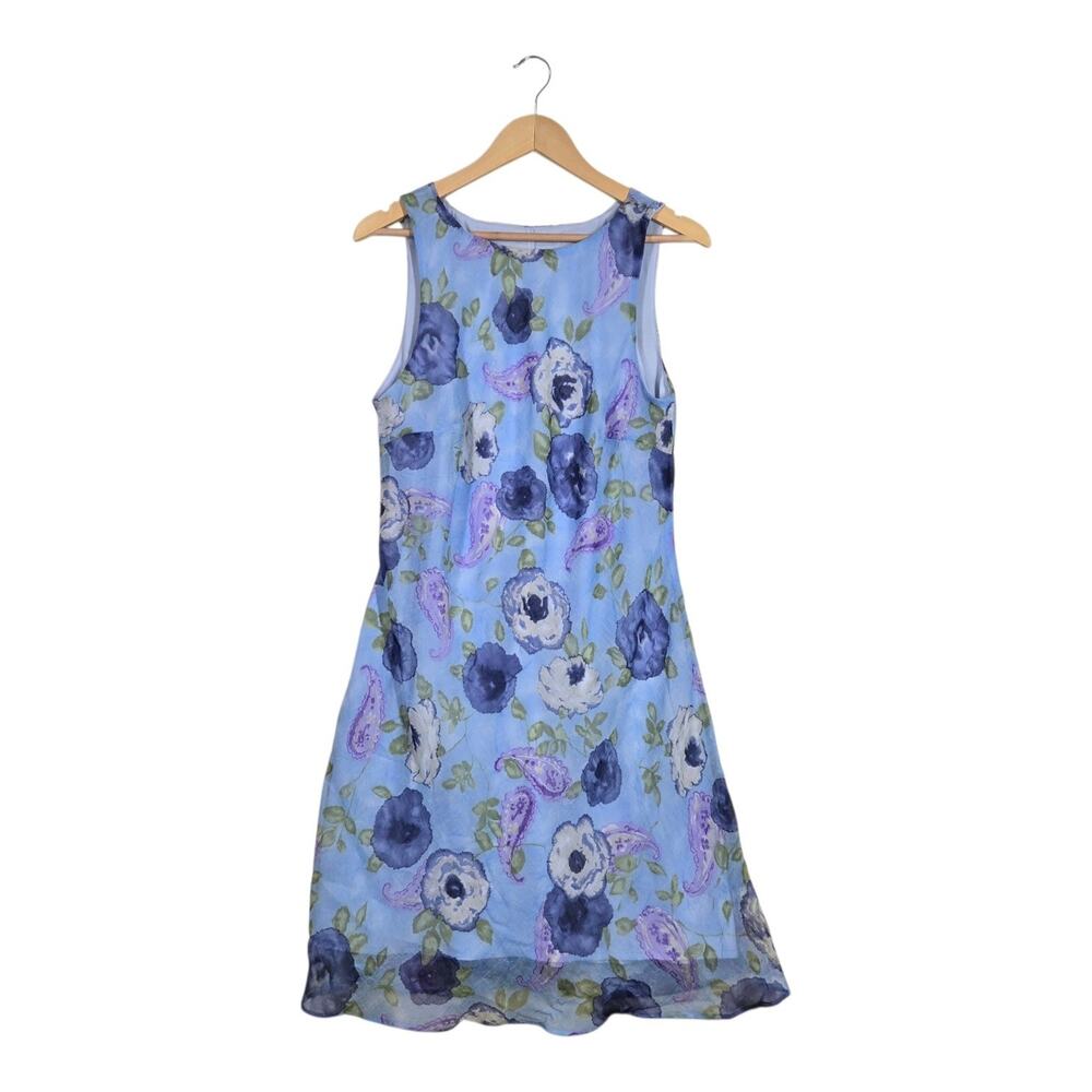 Vintage 90s All That Jazz Dress 13/14 Blue Watercolor Floral Chiffon